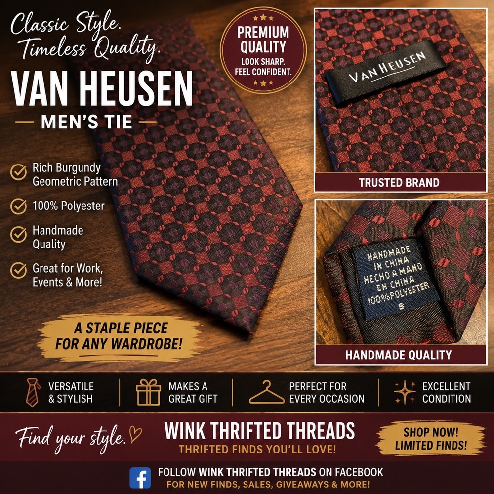 Van Heusen Mens Tie Burgundy Black Geometric Pattern Handmade Polyester Necktie